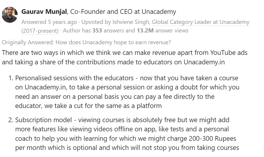 Gaurav Munjal's answer on Quora about how Unacademy makes money and Unacademy's business model
